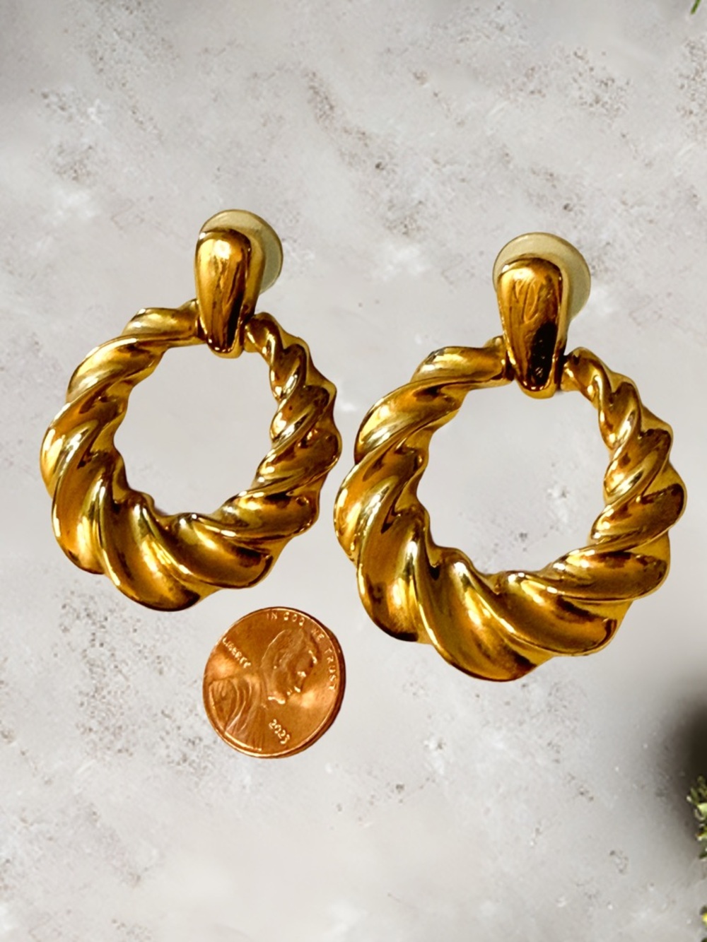 Vintage GIVENCHY 80s Gold Door Knocker Pierced Power Dressing Earrings - Picture 3 of 6